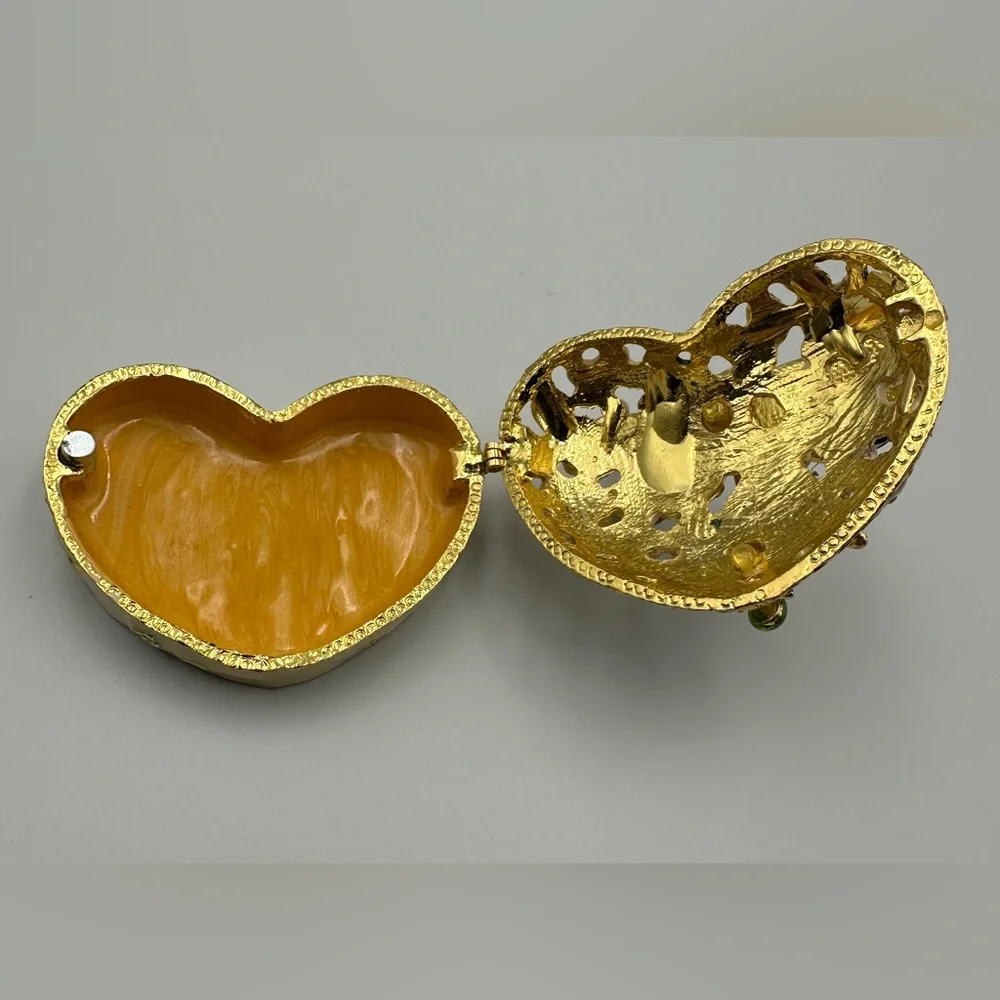 Heart Shape Floral Hinged Trinket Box With Colorful Crystal Jeweled Dragonfly
